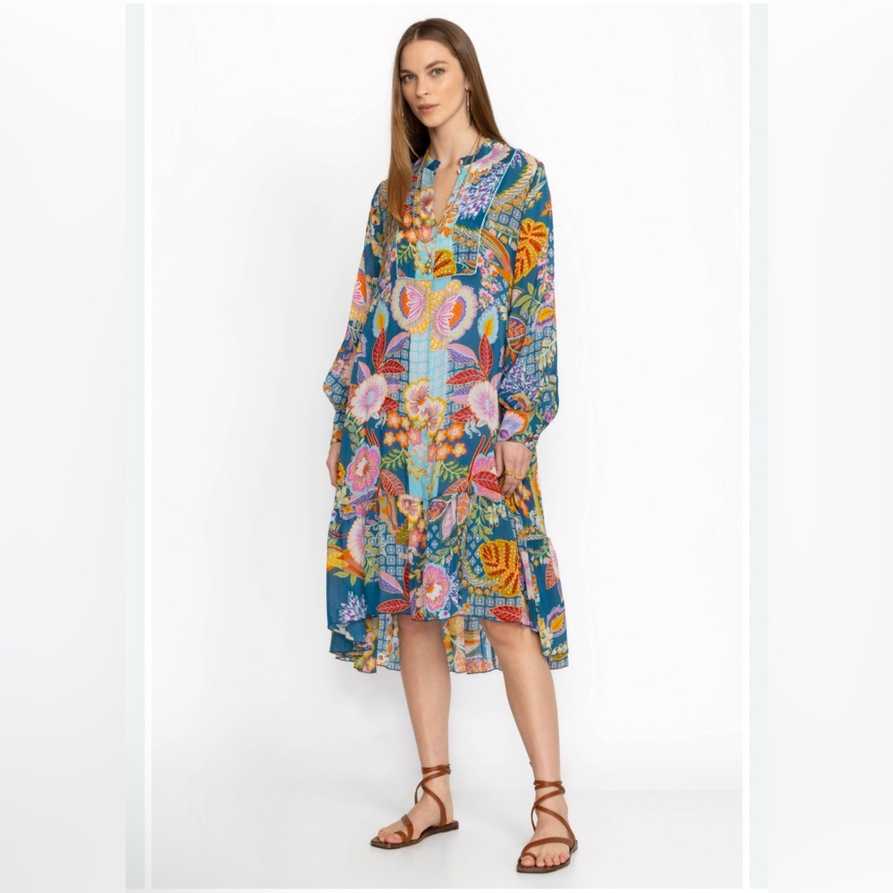 JOHNNY WAS WILD IMANA DRESS (SLIP), Multicolor Floral Long Sleeve. Two Pieces